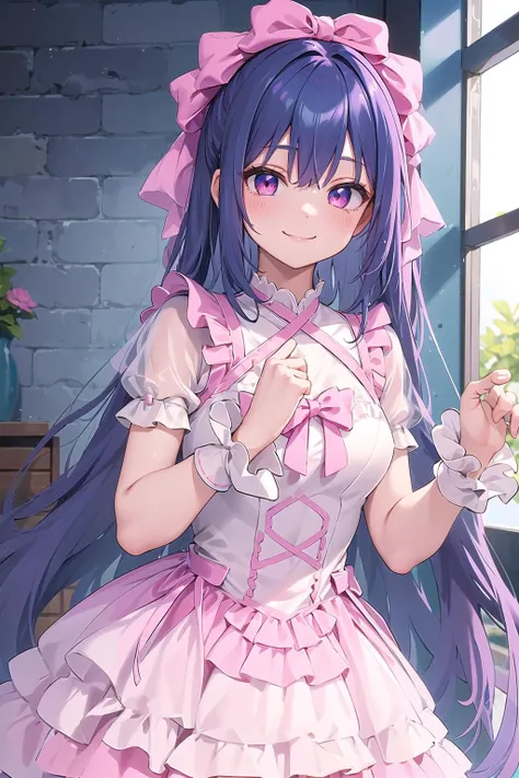 best quality, ultra-detailed, (1girl, solo,  <lora:idol_costume_style6_v1:0.7:1,0,0,0,0,0,0,1,1,1,0,0,0,1,0,0,0,1,1,1,1,0,0,0,0,0>, cyb dress, pink dress, frills, see-through short sleeves, wrist cuffs ,, hair_pulled_back, evil smile,very long hair, dark blue hair), in a prison cell