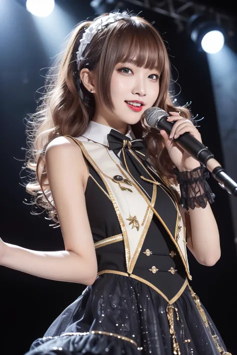 (masterpiece, best quality, highres, absurdres:1.1), 1girl, solo, realistic,photoshop \(medium\), idol_singing_costume,in stage, stage lighting, stage spotlight, looking at viewer, smile, light_version,  <lora:idolSingingCostume_divided:0.7:cloth>,   <lora:Cute Asian Face:0.66:chara>,