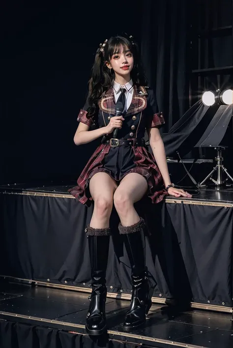 realistic, photorealistic, masterpiece, incredibly absurdres, extremely detailed, best quality, idol_costume, knee boots, 1girl, solo, idol, full body, long black hair, twintails, sitting, stage in the backgorund, stage lighting, stage spotlight, detailed background, audience, holding microphone, singing, <lora:idol_costume_style5_v1:0.7>