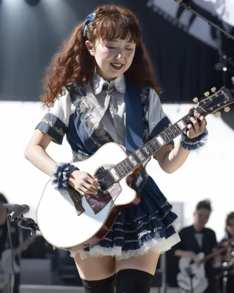 (masterpiece, best quality:1.2),photorealistic,RAW, absurdres high detailed,ray tracking,cinematic lighting, photon mapping, radiosity, physically-based rendering,
1girl,<lora:YuQian:0.9>, thighhighs, wavy hair,floating hair,stage,crowd,concert,light smile, rock'n'roll,guitar
idol_singing_costume