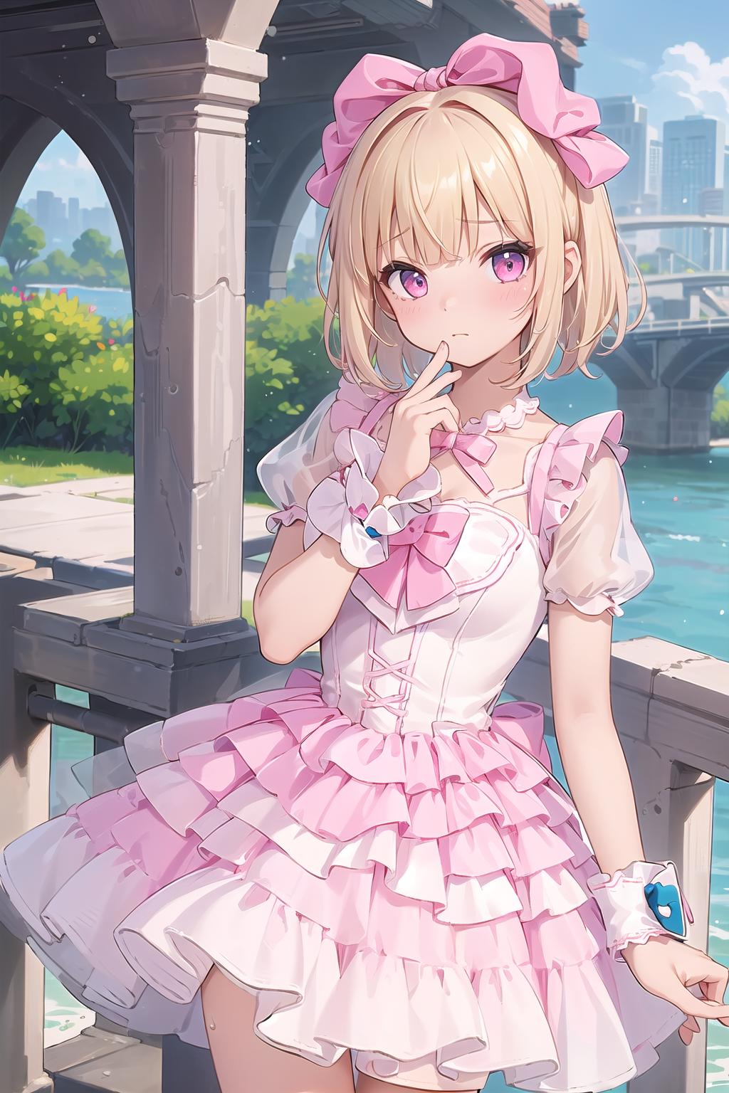 Anime girl in pink dress standing on a bridge with a city in the ...