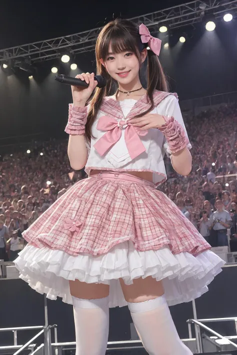best quality, masterpiece, realistic, photorealistic, 1girl, solo, smile, cowboy shot, standing, low twintails, bangs, smile, idol costume, cyb skirt, cyb shirt, plaid skirt, frilled skirt, idol, wrist cuffs, bow, sailor collar, frills, holding microphone, white thighhighs, shoes, stage in the backgorund, stage lighting, stage spotlight, audience, people,
<lora:idol_costume_style7_v1:0.7>