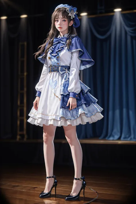 <lyco:GoodHands-beta2:1>,8k,highres,absurdres,masterpiece,best quality,original,extremely detailed CG,extremely detailed wallpaper,perfect lighting,
1girl,solo,blurry_background,looking_at_viewer,standing on the stage,
<lora:idol_costume_style8_v1:0.6>,cyb dress,capelet,long sleeves,belt,bow,bowtie,hat,headwear,
