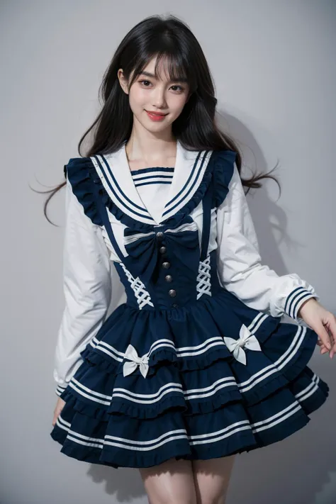 best quality, masterpiece, realistic, photorealistic, 1girl, solo, looking at viewer, smile, standing, cowboy shot, cyb dress, dress, dark blue dress, long sleeves, frilled dress, layered dress, suspender skirt, white shirt, frills, sailor collar, bow, grey background, <lora:idol_costume_style9_v1:0.7>