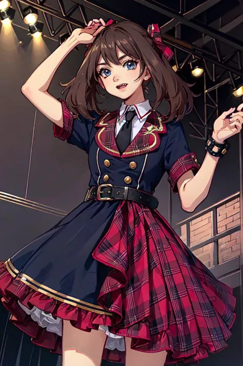 stage, spotlight,  <lora:Sapphire:0.8> 1girl, may \(pokemon\), brown hair, blue eyes, fang,  <lora:idol_costume_style5_v1:0.55> idol_costume,, absurdres, ultra detailed, masterpiece, best quality, aesthetic, detailed,