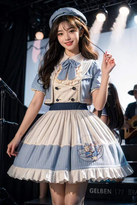 best quality,masterpiece,realistic,photorealistic,1girl,solo,looking at viewer,smile,standing,black hair,long hair,cowboy shot,dynamic pose,idol clothes,dress,collared dress,jacket,cropped jacket,short sleeves,bowtie,bow,buttons,hat,beret,stage,stage in the backgorund,stage lighting,stage spotlight,detailed background,audience,people,<lora:idol_costume_style10_v1:0.7>,<lora:Background_Detail_v3:1.5>,