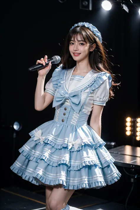 best quality, masterpiece, realistic, photorealistic, 1girl, solo, grin, standing, full body, (holding microphone:1.2), voice actor, singing, cyb dress, dress, light blue dress, short sleeves, frilled dress, layered dress, suspender skirt, white shirt, frills, sailor collar, bow, white boots, stage, stage in the backgorund, stage lighting, stage spotlight, detailed background, audience, people , <lora:idol_costume_style9_v1:0.7>