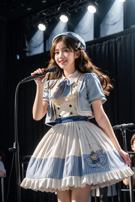 best quality, masterpiece, realistic, photorealistic, 1girl, solo, looking at viewer, smile, standing, black hair, long hair, cowboy shot, dynamic pose, idol clothes, dress, collared dress, jacket, cropped jacket, short sleeves, bowtie, bow, buttons, hat, beret, holding microphone, singing, idol, stage, stage in the backgorund, stage lighting, stage spotlight, detailed background, audience, people, <lora:idol_costume_style10_v1:0.7>, <lora:Background_Detail_v3:1.5>