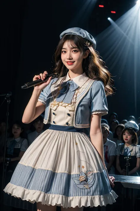 best quality,masterpiece,realistic,photorealistic,1girl,solo,looking at viewer,smile,standing,black hair,long hair,cowboy shot,dynamic pose,idol clothes,dress,collared dress,jacket,cropped jacket,short sleeves,bowtie,bow,buttons,hat,beret,stage,stage in the backgorund,stage lighting,stage spotlight,detailed background,audience,people,<lora:idol_costume_style10_v1:0.7>,<lora:Background_Detail_v3:1.5>,