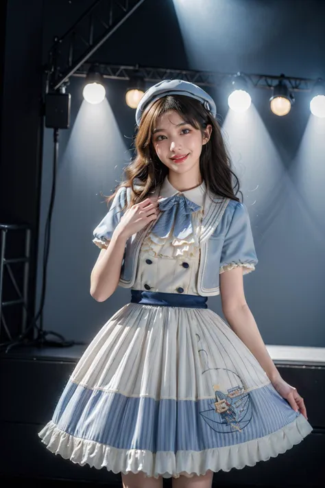 best quality,masterpiece,realistic,photorealistic,1girl,solo,looking at viewer,smile,standing,black hair,long hair,cowboy shot,hand on own chest,idol clothes,dress,collared dress,jacket,cropped jacket,short sleeves,bowtie,bow,buttons,hat,beret,stage,stage in the backgorund,stage lighting,stage spotlight,detailed background,audience,people,<lora:idol_costume_style10_v1:0.7>,