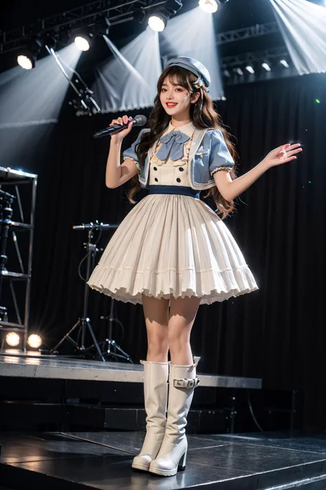 best quality,masterpiece,realistic,photorealistic,1girl,solo,looking at viewer,smile,standing,black hair,long hair,full body,dynamic pose,idol clothes,dress,collared dress,jacket,cropped jacket,short sleeves,bowtie,bow,buttons,hat,beret,(white boots:1.4),white high heels,holding microphone,singing,idol,stage,stage in the backgorund,stage lighting,stage spotlight,detailed background,audience,people,<lora:idol_costume_style10_v1:0.7>,<lora:Background_Detail_v3:1.5>,