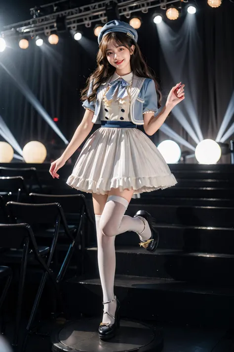 best quality,masterpiece,realistic,photorealistic,1girl,solo,looking at viewer,smile,standing,black hair,long hair,full body,dynamic pose,idol clothes,dress,collared dress,jacket,cropped jacket,short sleeves,bowtie,bow,buttons,hat,beret,white thighhighs,white high heels,stage,stage in the backgorund,stage lighting,stage spotlight,detailed background,audience,people,<lora:idol_costume_style10_v1:0.7>,<lora:Background_Detail_v3:1.5>,
