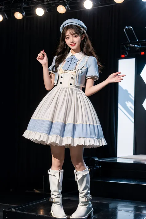 best quality,masterpiece,realistic,photorealistic,1girl,solo,looking at viewer,smile,standing,black hair,long hair,full body,dynamic pose,idol clothes,dress,collared dress,jacket,cropped jacket,short sleeves,bowtie,bow,buttons,hat,beret,(white boots:1.6),stage,stage in the backgorund,stage lighting,stage spotlight,detailed background,audience,people,<lora:idol_costume_style10_v1:0.7>,<lora:Background_Detail_v3:1.5>,