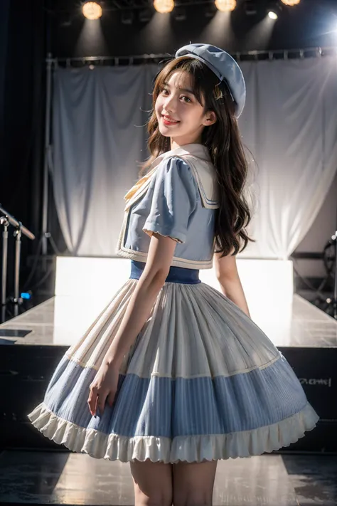 best quality,masterpiece,realistic,photorealistic,1girl,solo,looking at viewer,smile,standing,black hair,long hair,cowboy shot,dynamic pose,idol clothes,dress,collared dress,jacket,cropped jacket,short sleeves,bowtie,bow,buttons,hat,beret,stage,stage in the backgorund,stage lighting,stage spotlight,detailed background,audience,people,<lora:idol_costume_style10_v1:0.7>,<lora:Background_Detail_v3:1.5>,