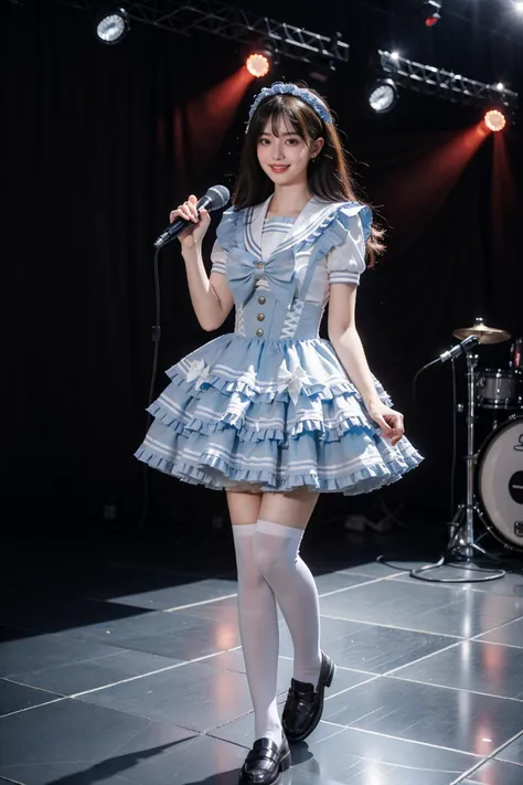 best quality, masterpiece, realistic, photorealistic, 1girl, solo, grin, standing, full body, (holding microphone:1.2), voice actor, singing, cyb dress, dress, light blue dress, short sleeves, frilled dress, layered dress, suspender skirt, white shirt, frills, sailor collar, bow, white thighhighs, loafers, stage, stage in the backgorund, stage lighting, stage spotlight, detailed background, audience, people , <lora:idol_costume_style9_v1:0.7>