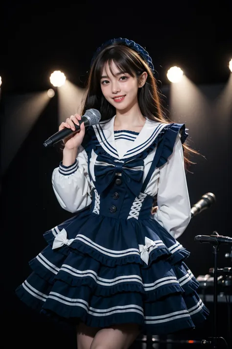 best quality, masterpiece, realistic, photorealistic, 1girl, solo, grin, standing, cowboy shot, (holding microphone:1.2), voice actor, singing, cyb dress, dress, dark blue dress, long sleeves, frilled dress, layered dress, suspender skirt, white shirt, frills, sailor collar, bow, stage, stage in the backgorund, stage lighting, stage spotlight, detailed background, audience, people , <lora:idol_costume_style9_v1:0.7>