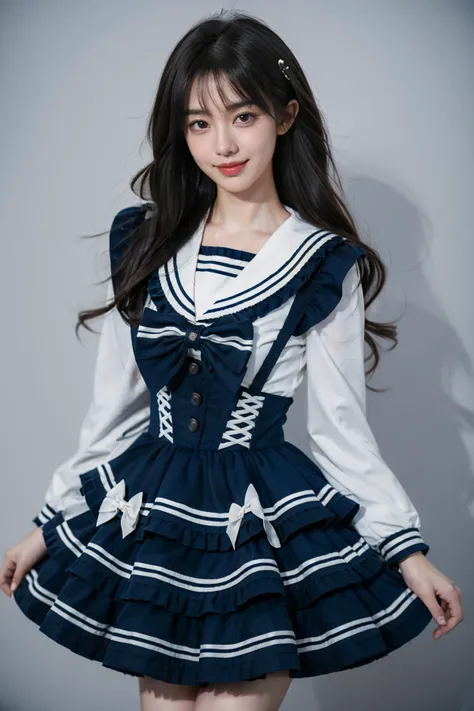 best quality, masterpiece, realistic, photorealistic, 1girl, solo, looking at viewer, smile, standing, cowboy shot, cyb dress, dress, dark blue dress, long sleeves, frilled dress, layered dress, suspender skirt, white shirt, frills, sailor collar, bow, grey background, <lora:idol_costume_style9_v1:0.7>