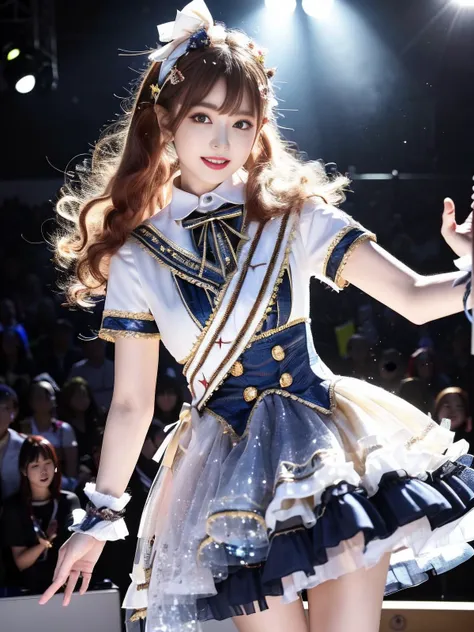realistic, photorealistic, masterpiece, best quality, 1girl, solo, in stage, stage lighting, stage spotlight, looking at viewer, smile, idol_singing_costume,light_version,  (pureerosface_v1:0.8), <lora:Cute Asian Face:0.5>, <lora:idolSingingCostume_v10:0.7>