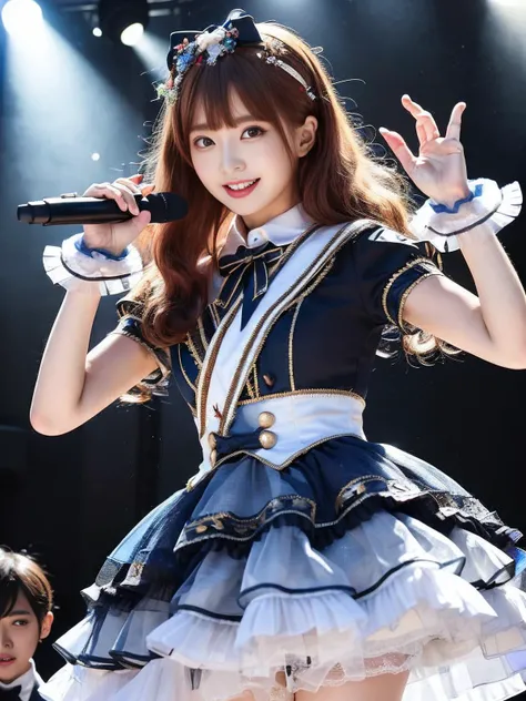 realistic, photorealistic, masterpiece, best quality, 1girl, solo, in stage, stage lighting, stage spotlight, looking at viewer, smile, idol_singing_costume,light_version,  (pureerosface_v1:0.8), <lora:Cute Asian Face:0.5>, <lora:idolSingingCostume_v10:0.7>