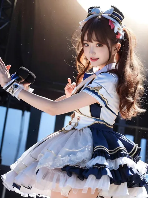 realistic, photorealistic, masterpiece, best quality, 1girl, solo, in stage, stage lighting, stage spotlight, looking at viewer, smile, idol_singing_costume,light_version, (pureerosface_v1:0.8), <lora:Cute Asian Face:0.5>, <lora:idolSingingCostume_v10:0.7>