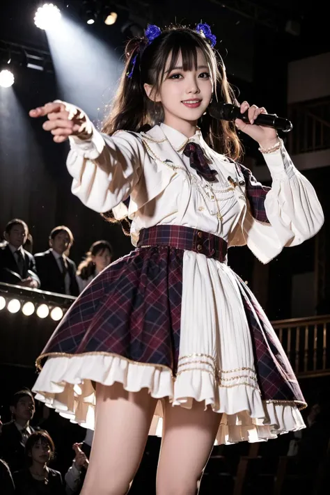 realistic, photorealistic, masterpiece, best quality, 1girl, solo, in stage, stage lighting, stage spotlight, looking at viewer, smile, dynamic pose,idol_singing_costume, (pureerosface_v1:0.8), <lora:Cute Asian Face:0.5>, <lora:idolSingingCostume_style3:0.7>