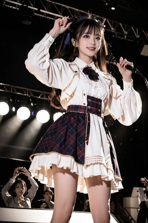 realistic, photorealistic, masterpiece, best quality, 1girl, solo, in stage, stage lighting, stage spotlight, looking at viewer, smile, dynamic pose,idol_singing_costume, (pureerosface_v1:0.8), <lora:Cute Asian Face:0.5>,   <lora:idolSingingCostume_style3:0.7>