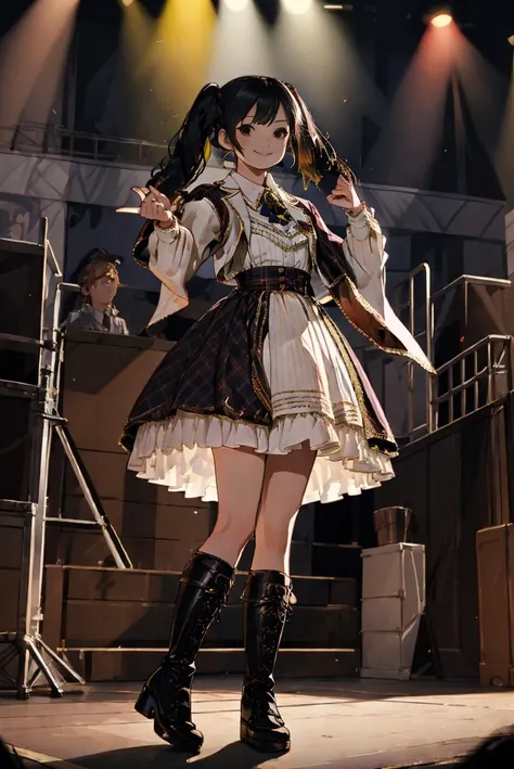 masterpiece, best quality, idol_costume, knee boots, 1girl, solo, smile, closed mouth,idol, full body, looking at viewer, long black hair, twintails, standing on stage, stage lighting, stage spotlight, detailed background, <lora:idol_costume_style3_v3:0.7>