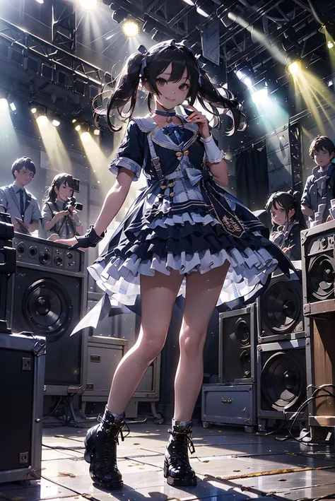 masterpiece, best quality, idol_costume, boots, 1girl, solo, smile, idol, full body, looking at viewer, long black hair, twintails, standing on the stereo, stage, stage lighting, stage spotlight, detailed background, audience,<lora:idol_costume_style4_v1:0.7>