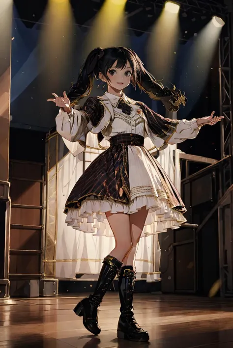 masterpiece, best quality, idol_costume, knee boots, 1girl, solo, idol, full body, looking at viewer, long black hair, twintails, standing on stage, stage lighting, stage spotlight, detailed background,dancing, audience, <lora:idol_costume_style3_v3:0.7>