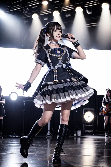 realistic, photorealistic, masterpiece, best quality, idol_costume, knee boots, 1girl, solo, smile, idol, full body, looking at viewer, long black hair, twintails, standing on stage, stage lighting, stage spotlight, detailed background, singing, holding microphone, audience, <lora:Cute Asian Face:0.7>, <lora:idol_costume_style4_v1:0.7>