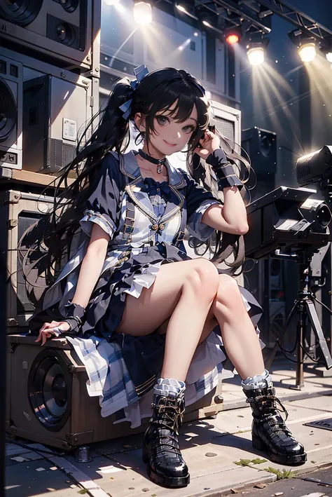 masterpiece, best quality, idol_costume, boots, 1girl, solo, smile, idol, full body, looking at viewer, long black hair, twintails, sitting on the stereo, stage, stage lighting, stage spotlight, detailed background, audience,<lora:idol_costume_style4_v1:0.7>