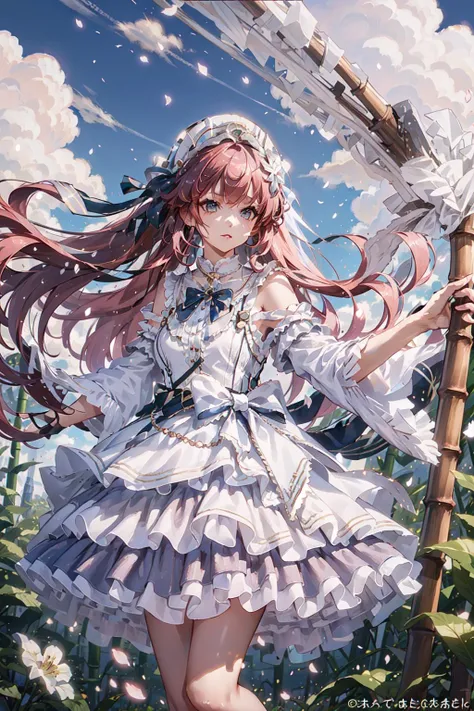 1girl,long hair,long sleeves,solo, <lora:byrs:0.4>, bamboo leaf,lake, cloudy sky,flower, petal,sunlight,wind, <lora:idol_costume_style4_v1:0.7>,pink hair, pink dress