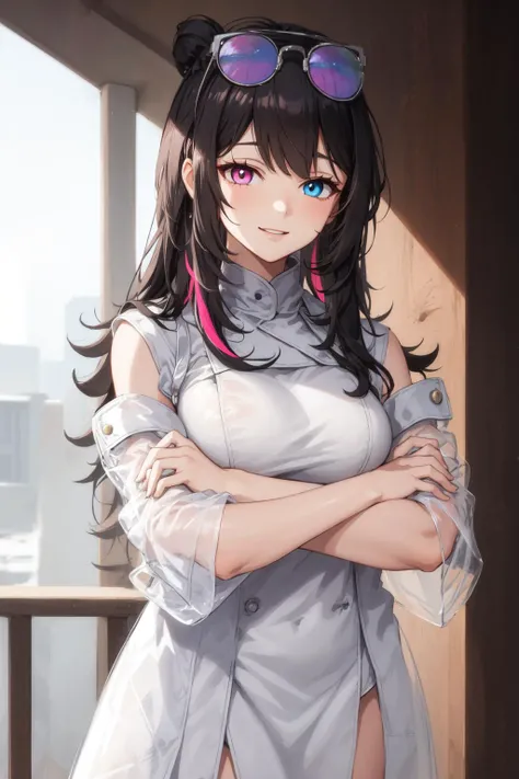 best quality, masterpiece,1girl, crossed arms, white nurse, streaked hair, heterochromia, blue eyes|pink eyes,light smile, leaning back,eyewear on head, see-through sleeve, coat,