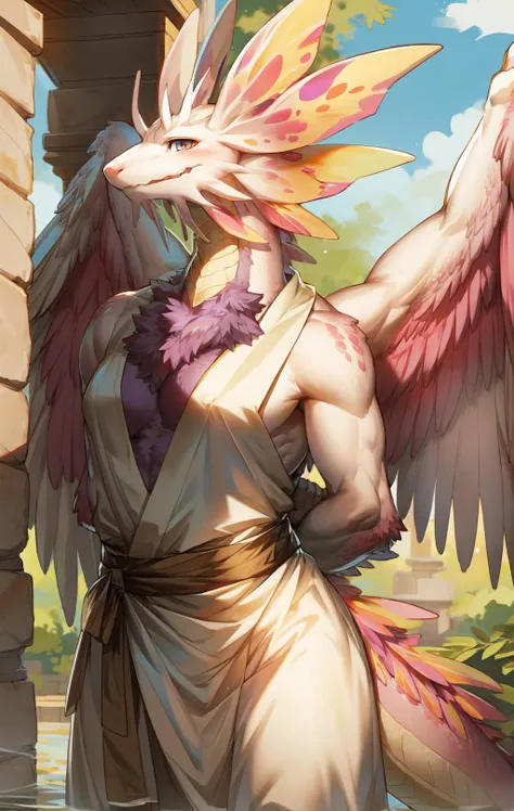 by pgm300,by fuguri,by kiyosan,by milkytiger1145,
full body,anthro,mizutsune,dragon,digitigrade,(female:1.3),big breasts,
(half-length portrait:1.55),
purple,
looking at viewer,open mouth,smile,blush,happy,standing,
toga,white toga,
(feathered wings:1.35),
(arms behind back:1.25),
cover,(greco-roman architecture:1.1),<lora:mizutsune-v2:0.9>,