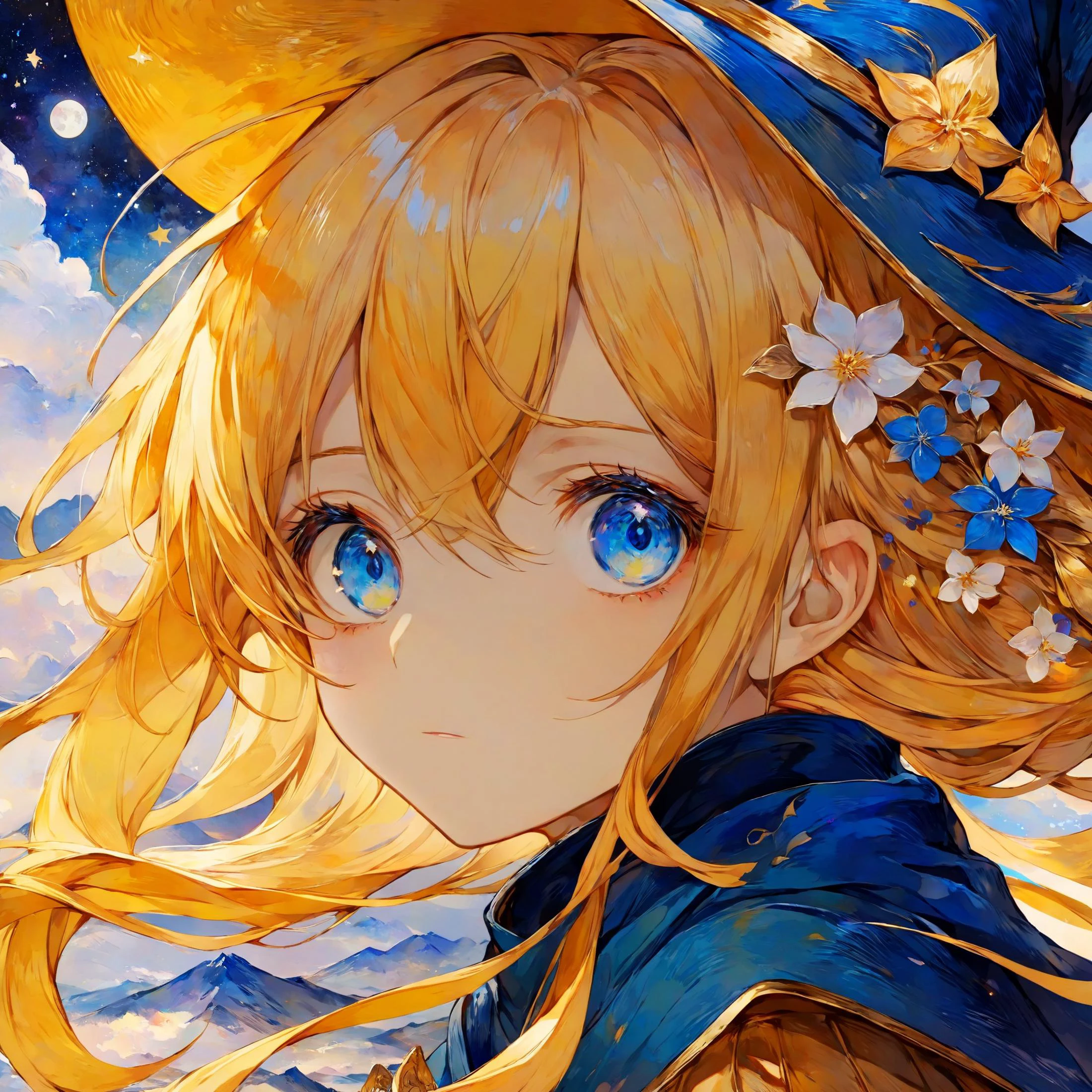 van gogh's starry night style, beautiful and aesthetic,vivid color, by 3meiji, masterpiece, illustration, best quality, watercolor, portrait of beatiful yellow haired blue eyed wizard girl on clouds, clouds, flower, upper body, art, wizard hat, robe,grown up flower, long hair