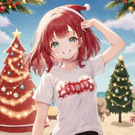 smiling woman at summer backdrop, t-shirt <lora:xmasgirl:0.8>