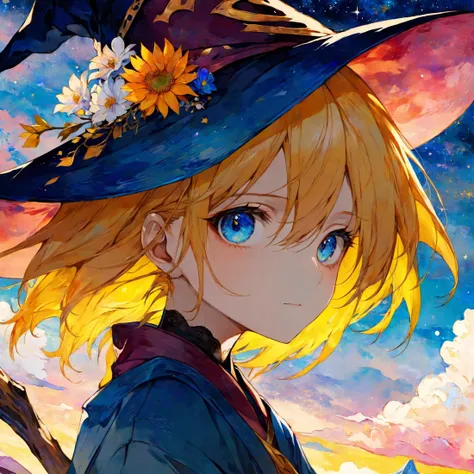 van gogh's starry night style, beautiful and aesthetic,vivid color, by 3meiji, masterpiece, illustration, best quality, watercolor, portrait of beatiful yellow haired blue eyed wizard girl on clouds, clouds, flower, upper body, art, wizard hat, robe,grown up flower, short hair, flower pedicle, beatiful eyes