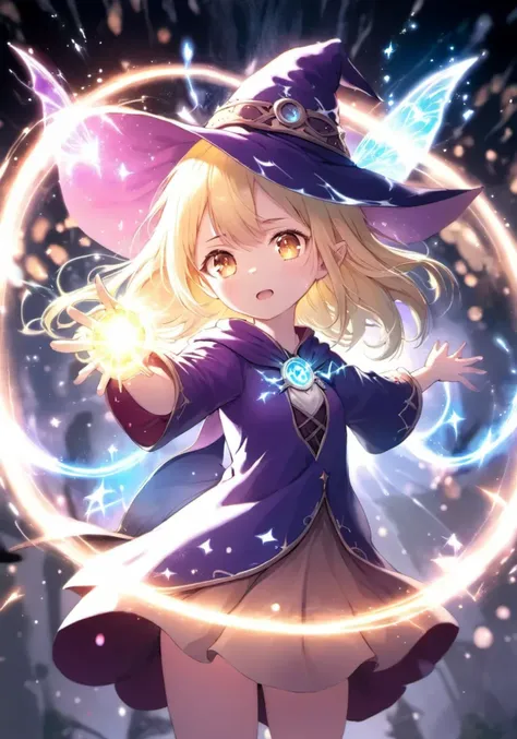 highres,best quality, young sorceress blonde girl wearing a wizard hat, surrounded by a floating magic circle emitting glowing particles. A sparkling little fairy is fluttering around her.