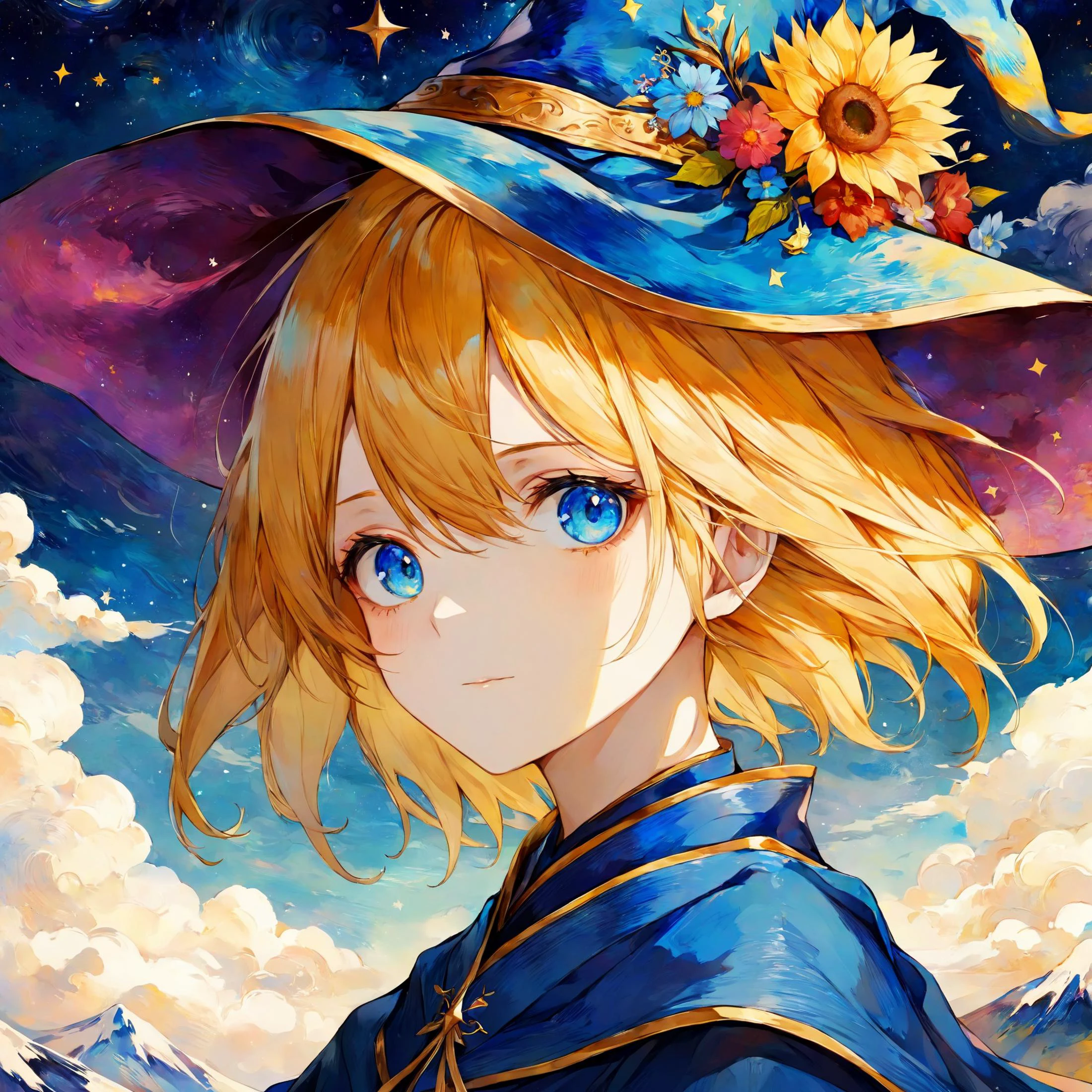 van gogh's starry night style, beautiful and aesthetic,vivid color, by 3meiji, masterpiece, illustration, best quality, watercolor, portrait of beatiful yellow haired blue eyed wizard girl on clouds, clouds, flower, upper body, art, wizard hat, robe,grown up flower