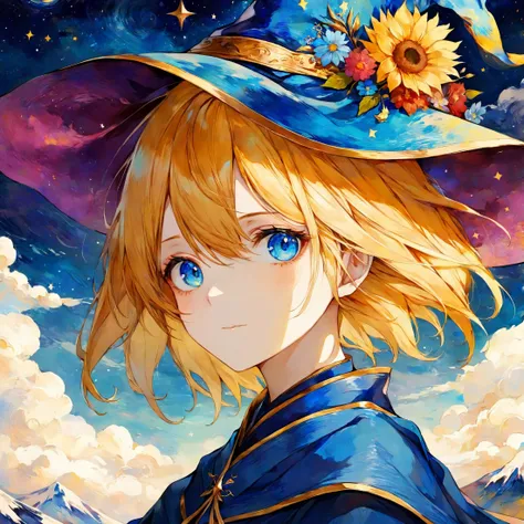 van gogh's starry night style, beautiful and aesthetic,vivid color, by 3meiji, masterpiece, illustration, best quality, watercolor, portrait of beatiful yellow haired blue eyed wizard girl on clouds, clouds, flower, upper body, art, wizard hat, robe,grown up flower