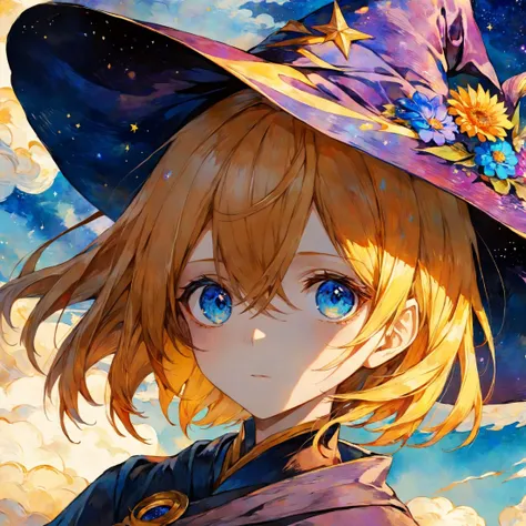 van gogh's starry night style, beautiful and aesthetic,vivid color, by 3meiji, masterpiece, illustration, best quality, watercolor, portrait of beatiful yellow haired blue eyed wizard girl on clouds, clouds, flower, upper body, art, wizard hat, robe,grown up flower, short hair, flower pedicle,