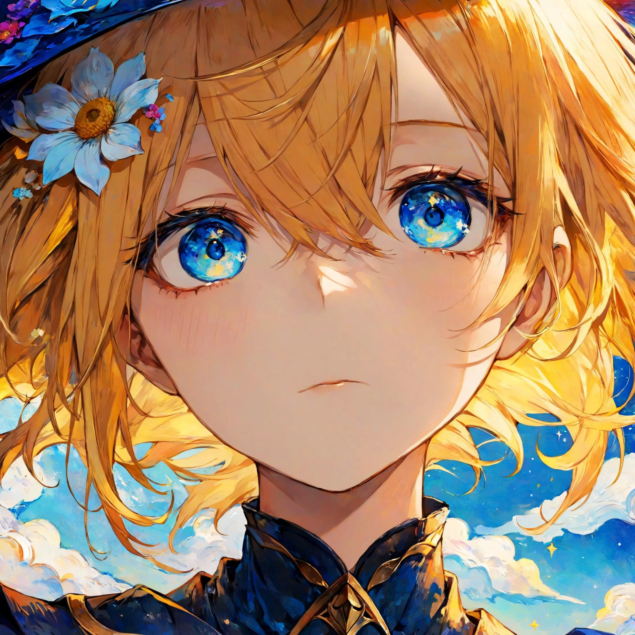 van gogh's starry night style, beautiful and aesthetic,vivid color, by 3meiji, masterpiece, illustration, best quality, watercolor, portrait of beatiful yellow haired blue eyed wizard girl on clouds, clouds, flower, upper body, art, wizard hat, chainmail,grown up flowers, short hair, flower pedicle, beatiful eyes