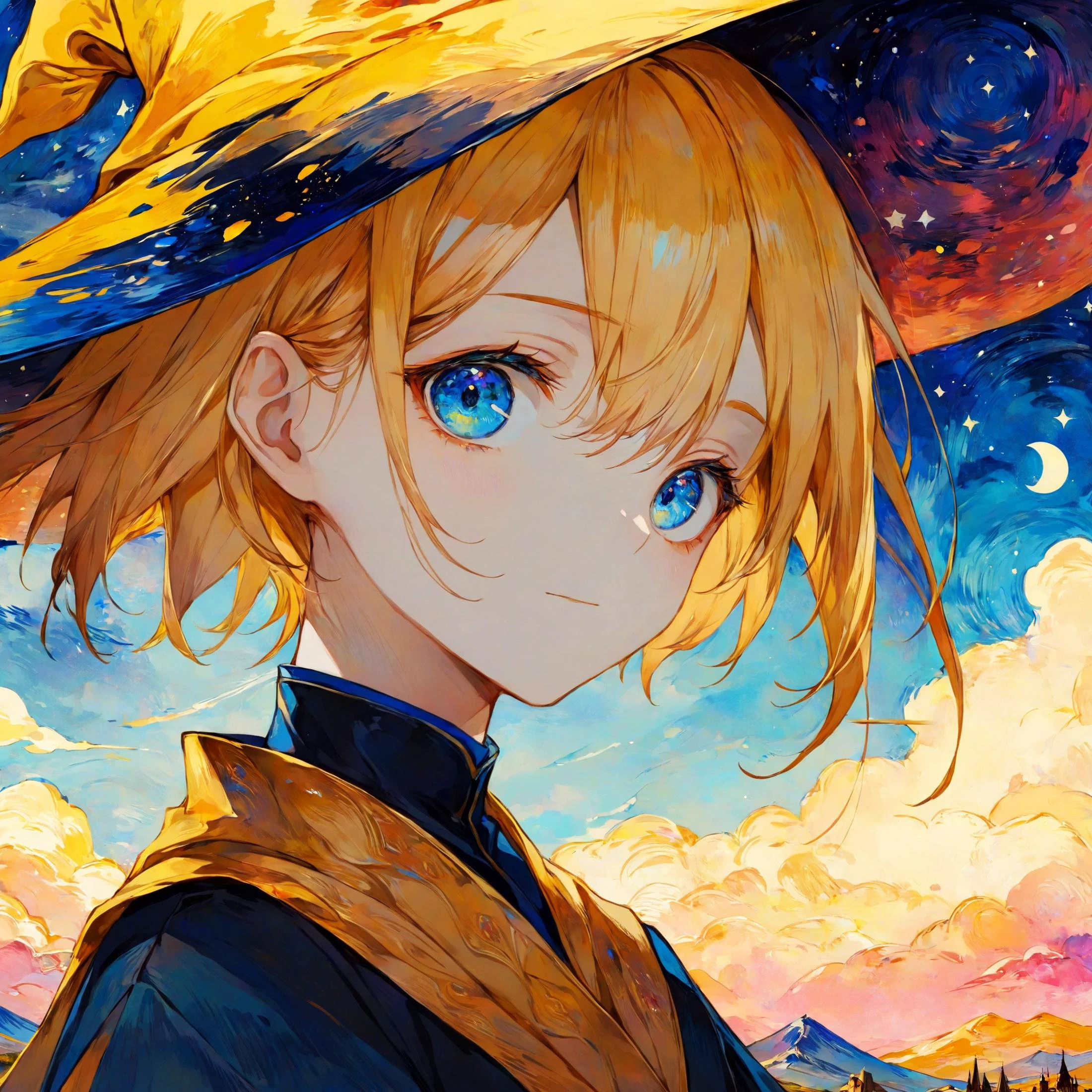 van gogh's starry night style, beautiful and aesthetic,vivid color, by 3meiji, masterpiece, illustration, best quality, watercolor, portrait of beatiful yellow haired blue eyed wizard girl on clouds, clouds, flower, upper body, art, wizard hat, robe,grown up flower, short hair, peduncle