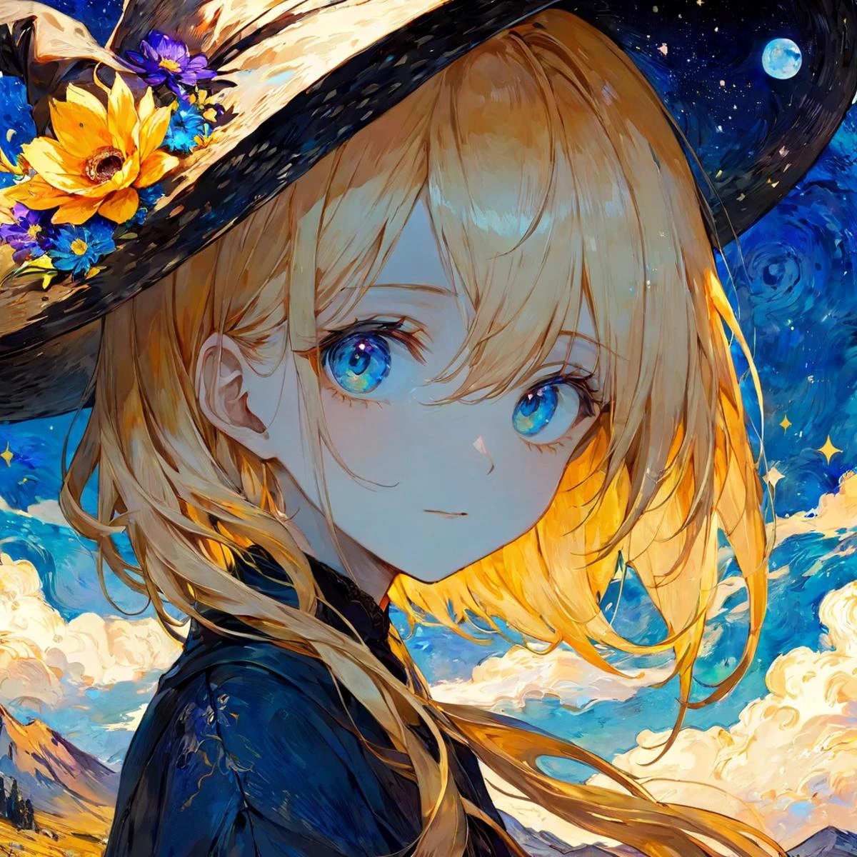 van gogh's starry night style, beautiful and aesthetic,vivid color, by 3meiji, masterpiece, illustration, best quality, watercolor, portrait of beatiful yellow haired blue eyed wizard girl on clouds, clouds, flower, upper body, art, wizard hat, robe,grown up flowers, short hair, flower pedicle, beatiful eyes