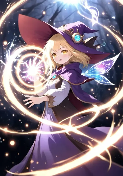 highres,best quality, young sorceress blonde girl wearing a wizard hat, surrounded by a floating magic circle emitting glowing particles. A sparkling little fairy is fluttering around her.