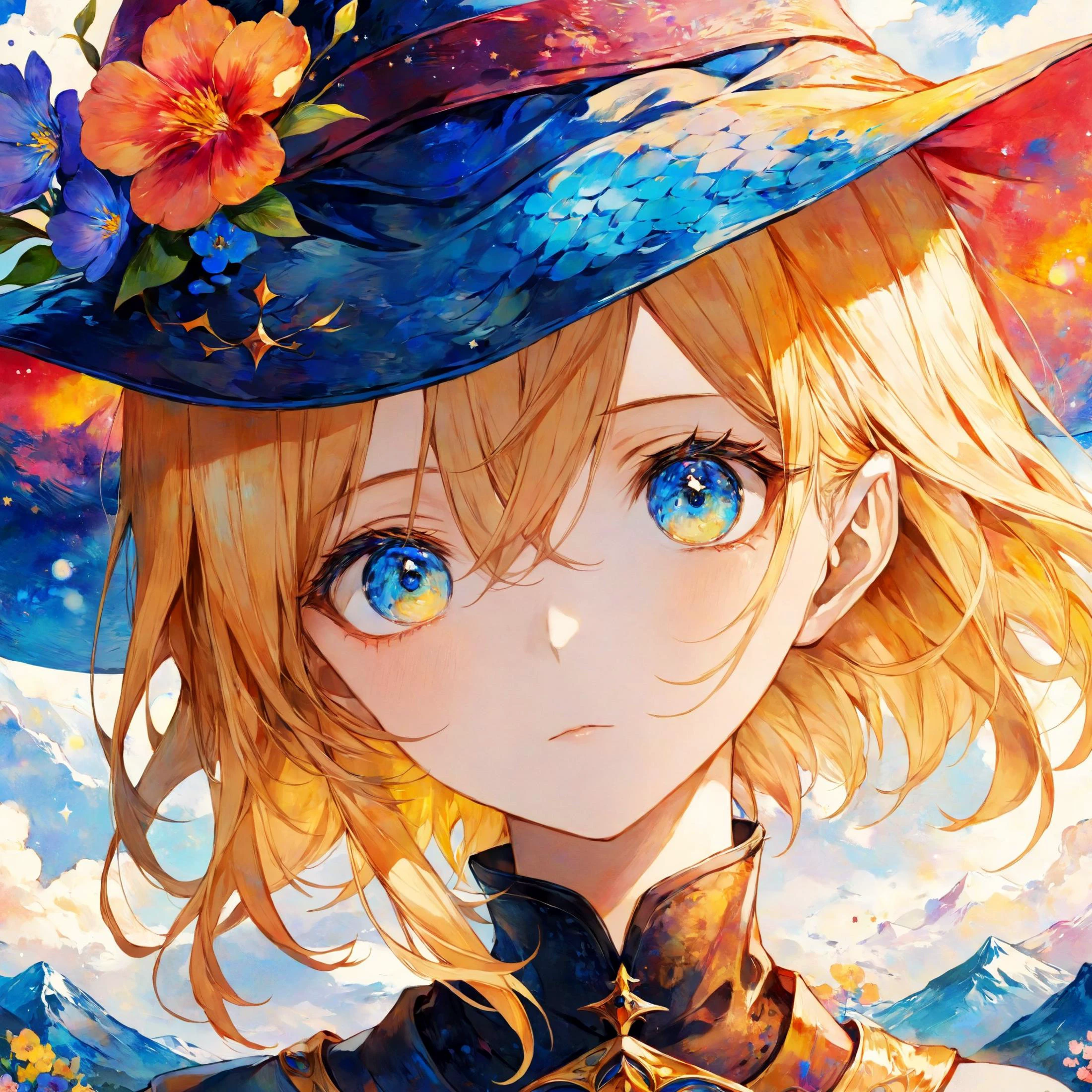 van gogh's starry night style, beautiful and aesthetic,vivid color, by 3meiji, masterpiece, illustration, best quality, watercolor, portrait of beatiful yellow haired blue eyed wizard girl on clouds, clouds, flower, upper body, art, wizard hat, chainmail,grown up flowers, short hair, flower pedicle, beatiful eyes