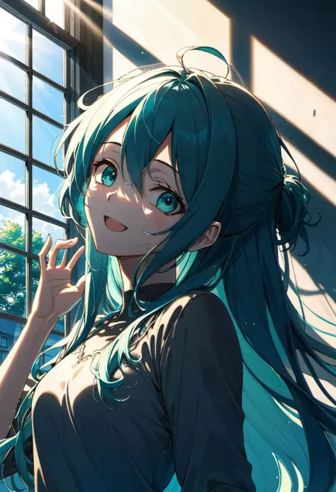 anime manga
a woman
 solo, messy hair, long hair, cyan hair 
beautiful ,  detailed face, 
 , happy, peaceful,   dutch angle,
sunlight,  windows, shadows
masterpiece, best quality, high quality,