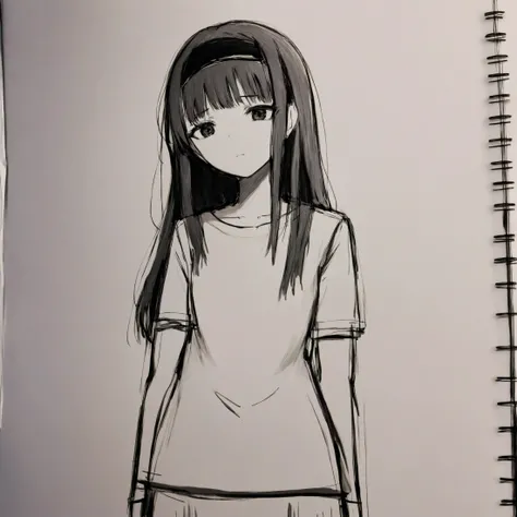 sketch of long black straight hair woman with black headband, homura akemi,