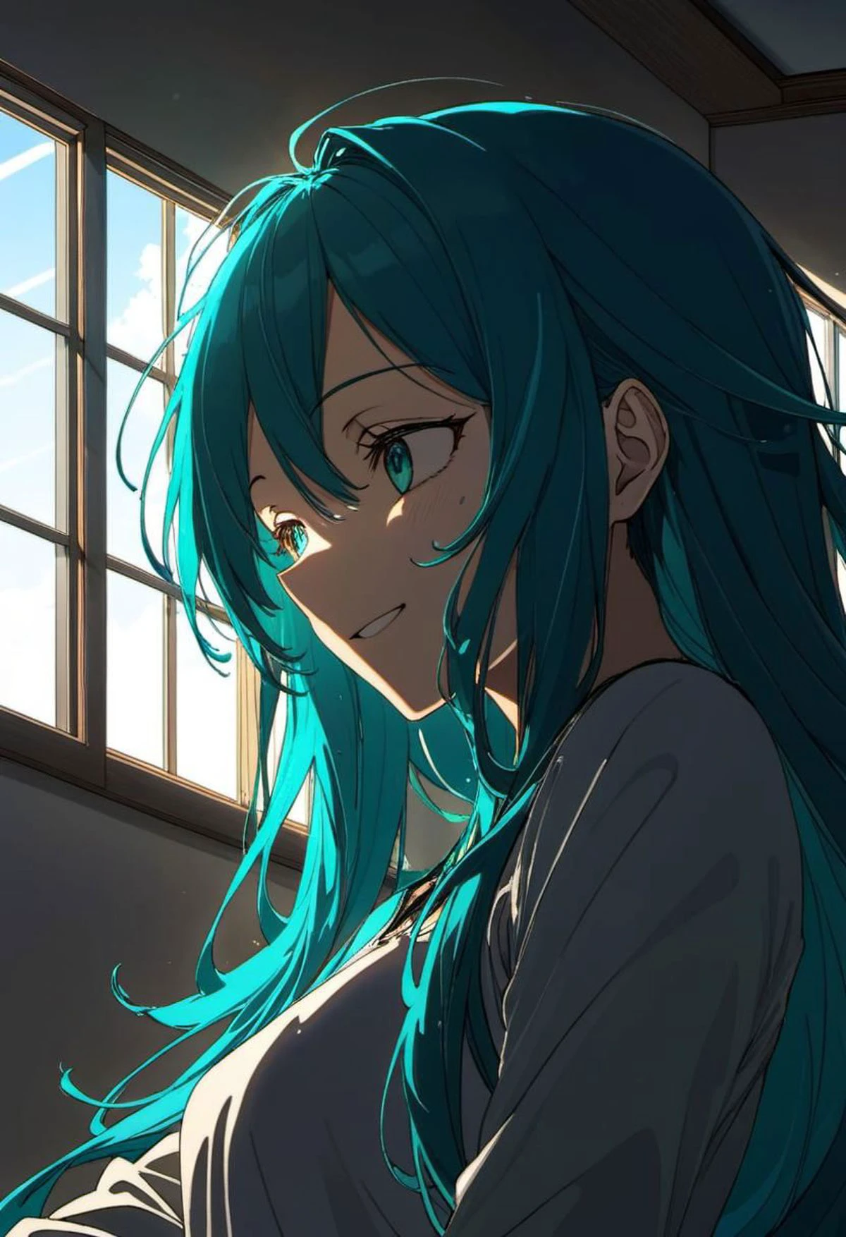 anime manga
a woman
solo, messy hair, long hair, cyan hair
beautiful , detailed face,
, happy, peaceful, dutch angle,
sunlight, windows, shadows
masterpiece, best quality, high quality,