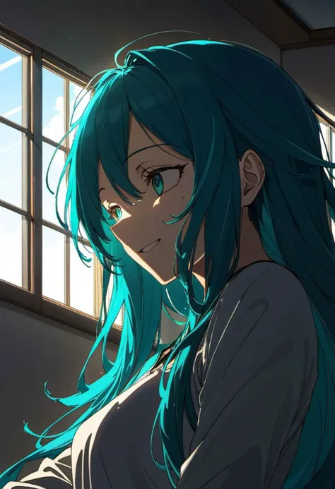 anime manga
a woman
 solo, messy hair, long hair, cyan hair 
beautiful ,  detailed face, 
 , happy, peaceful,   dutch angle,
sunlight,  windows, shadows
masterpiece, best quality, high quality,